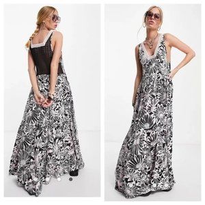 Free People Tiers For You Black and Pink Floral Maxi Dress Boho Festival Size M
